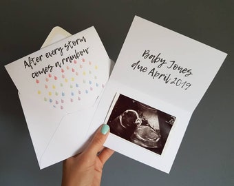 Rainbow after the storm pregnancy announcement card for family and friends personalised to order rainbow baby