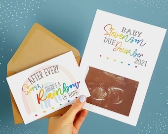 Personalised Rainbow Baby Pregnancy Announcement Cards | Customisable After Every Storm theres a rainbow