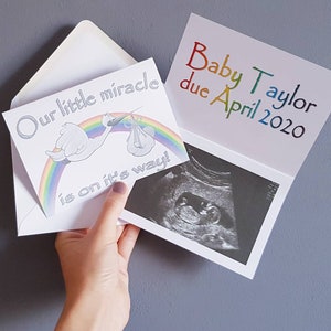 Anúncio de gravidez do Rainbow Baby, novo cartão de bebê personalizado para pedido de revelação de foto digitalizada