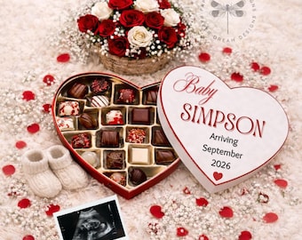 Valentine Pregnancy Announcement Digital Minimalist Baby Reveal Editable Canva Template chocolates and flowers