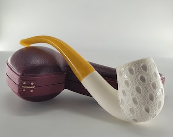 Ornate bent billiard meerschaum pipe handcarved block meerschaum and case CPW Meerschaum Pipes 830
