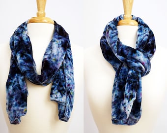 Blue Silk Velvet Scarf, Blue Velvet Scarf, Tie Dye scarf, Silk Velvet Scarves, Blue Velvet Shawl, Hand Dyed Scarf, Bohemian Scarf Women