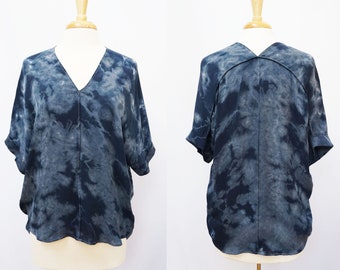 Indigo Silk Shirt, Upcycled Silk Shirt, Silk Dolman Sleeve, Blue Silk Top, Relaxed Silk Top, Oversized Silk Shirt, Sustainable Top