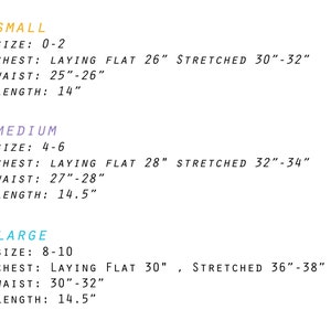 May include: Size chart for a garment with measurements in inches for chest and waist, both laying flat and stretched, and length. Sizes include small, medium, and large.