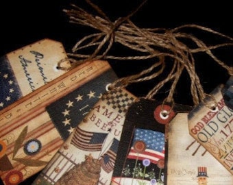 EIGHT Primitive Americana Patriotic Hang Tags / Vintage Gift Tags / Farmhouse Americana