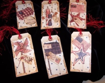 SIX Primitive Hang Tags Americana / Patriotic Gift Tags