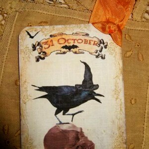 FOUR Gothic Halloween Crow Skull Witch Hang Tags / Vintage Gift Tags