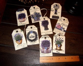 French Lavender Tags / NINE Petite Botanical Style Tags -  Vintage  Style Gift Tags - Journal Tags