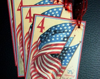 FOUR Vintage Style Americana Tags ~ Primitive Americana Hang Tags ~ July 4th Farmhouse Style Tags