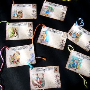 Huit petites cartes postales vintage inspirées de Beatrix Potter lapin, étiquettes volantes ~ étiquettes cadeaux vintage/souvenir/bannière