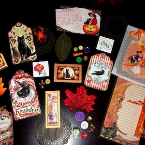 Halloween Paper Crafting Pack and Junk Journaling Kit Hang tags Buttons Doodads Ephemera