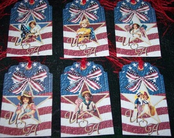 SIX Primitive Americana Patriotic Gift Tags ~ Primitive Hang Tags