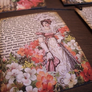 May include: A vintage-style card with a woman in a white dress and pink sash standing in a garden of pink, white, and orange flowers. The card has text that reads "that their co now some wecks since they had society of a man in any other colour. Mr. Collins's letter had done away and she was preparing to see him wit sure which astonished her husband a Mr. Collins wa was punctual to b with great politeness by the indeed said little; but the l talk, and Mr. Collins seemed n ment, nor inclined to be siler heavy-looking young man grave and stately, had not been Bennet Anh hean ng Mia"