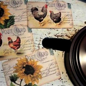 FOUR Vintage Inspired Postcard Rooster Sunflower Recipe Hang Tags/keepsake/Banner