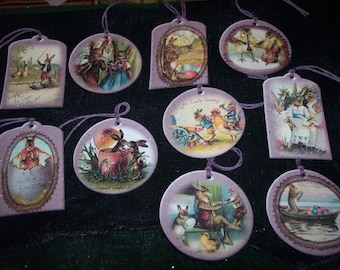 TEN Unique Primitive Hang Tags Easter Holiday Hang Tags / Vintage Gift Tags