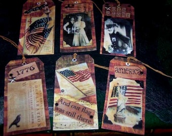 SIX Large Patriotic Americana Primitive Hang Tags /Vintage Gift Tags
