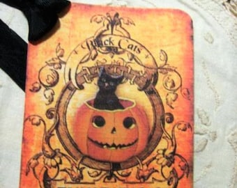 FOUR Vintage Inspired Halloween Hang Tags / Vintage Gift Tags Black Cat Pumpkin