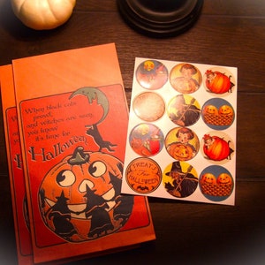 レトロなハロウィンお菓子バッグ6個 - ヴィンテージスタイルのハロウィンイラストポストカードバッグ