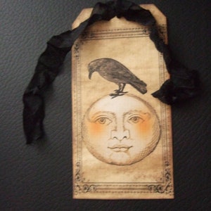 Primitive Halloween Tags - FOUR Vintage Inspired Moon Black Raven Halloween Tags