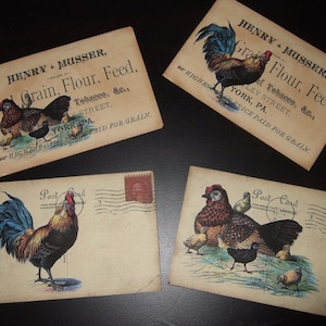 QUATRE cartes postales / souvenirs / bannières vintage Inspired Français Country Rooster Kitchen