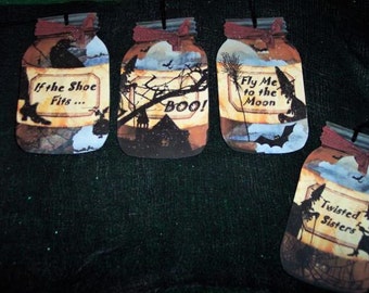 FOUR Large Primitive Halloween Hang Tags Witch Mason Jars