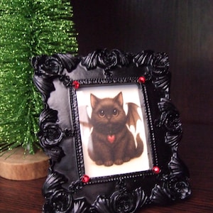 Gothic Vintage Style Ornate Small Black Frame - Miniature Art - Tabletop Decor - Gift For Everyone - Shadow Cat - Cat lovers
