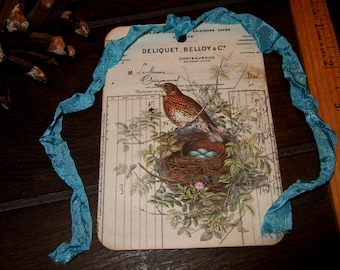 Vintage Style Birds in a Nest Tags - Primitive Hang Tags - Housewarming Gift