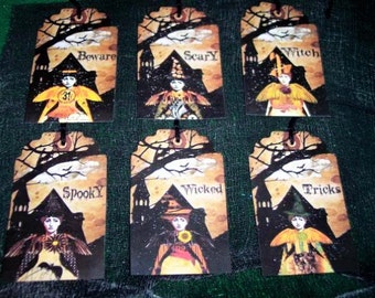 SIX Altered Art Halloween Diva Witches Hang Tags / Gift Tags