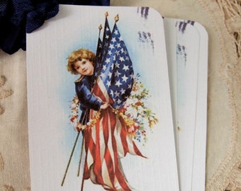 FOUR Primitive Americana Hang Tags ~ Vintage Style Patriotic Gift Tags