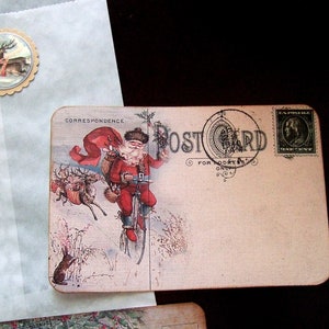 VIER Vintage Inspirierte Weihnachtspostkarten-Tischkarten-Keep in Touch-Spruchbanner, die Primitive Weihnachten grüßen