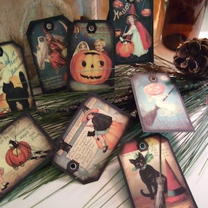 EIGHT Vintage Inpsired Halloween Scrapbook Hang Tags, Gift Tags