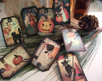 EIGHT Vintage Inpsired Halloween Scrapbook Hang Tags, Gift Tags