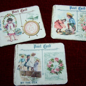 QUATRE cartes postales nautiques primitives cottage minable chic bord de mer plage