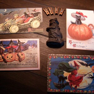 QUATRO cartões postais de Halloween inspirados no vintage ~ Cartões de lugar ~ Mantenha contato ~ Convite ~ Decoração
