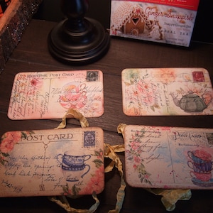 Cartes postales de style vintage - Souvenir - Art Mail ~ Étiquettes volantes primitives - Cadeau pour amateur de thé
