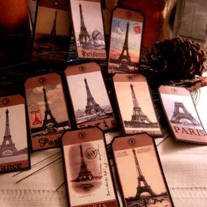 TEN Vintage Inspired Paris Eiffel Tower Scrapbook Hang tags, Gift Tags