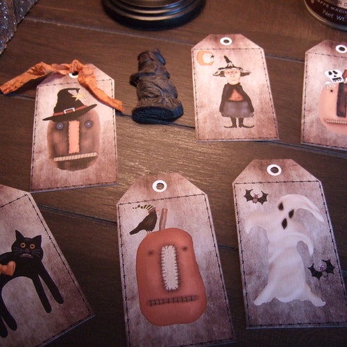 Primitive Halloween Tags - SIX Primitive Halloween Friends Hang tags