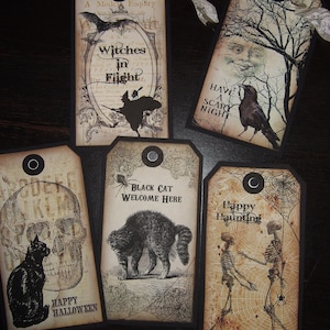 Primitive Halloween Tags - SIX Vintage Inspired Scary Moon Black Raven Halloween Tags