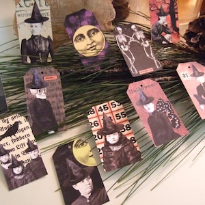 Étiquettes pour friandises d'Halloween - DOUZE Petites petites étiquettes d'art vintage d'inspiration vintage Halloween ~ étiquettes cadeaux vintage ~ sorcière Poe gothique