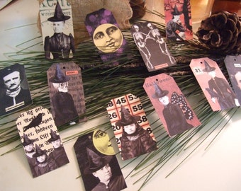 TWELVE Petite Vintage Inspired Altered Art Halloween ~ Vintage Gift Tags ~ Witch Poe Gothic