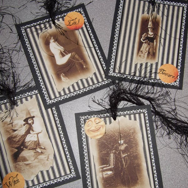 Primitive Hang Tags Halloween ~ FOUR large Vintage Inspired Halloween Cheeky Witches