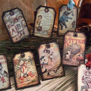 Etiquetas de presente vintage retrô dos anos 40 ~ Conjunto de OITO brinquedos de livros de histórias vitorianos inspirados no vintage para pendurar / etiquetas de presente