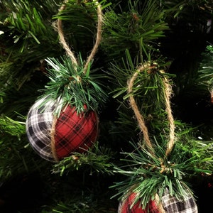 Buffalo Plaid Ornament, Rustic Farmhouse Red And Black Buffalo Plaid, Set of Traditional Christmas Fabric Ornaments Handmade image 2