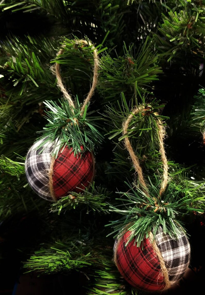 Buffalo Plaid Ornament, Rustic Farmhouse Red And Black Buffalo Plaid, Set of Traditional Christmas Fabric Ornaments Handmade image 2