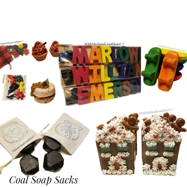 May include: A collection of novelty items including colorful letter-shaped crayons spelling MARLOW WILLIAM EMERSON, skateboard-shaped crayons, dinosaur-shaped crayons, cupcake and donut-shaped items, gingerbread house-shaped soaps, and coal-shaped soaps in drawstring bags.