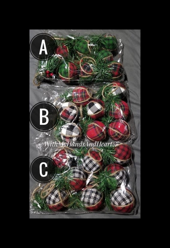 Buffalo Plaid Ornament, Rustic Farmhouse Red And Black Buffalo Plaid, Set of Traditional Christmas Fabric Ornaments Handmade