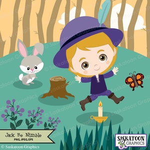 May include: A cartoon illustration of a boy wearing a purple hat and a purple shirt, jumping over a lit candle. The boy is in a forest setting with a gray rabbit and a butterfly.