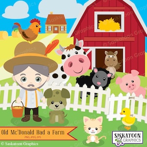 May include: An illustration of Old McDonald's farm with a red barn, a white picket fence, and various farm animals including a cow, pig, sheep, horse, rooster, dog, cat, and duck. The text "Old Mc'Donald Had a Farm" is written in orange at the bottom of the image.