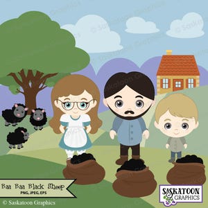 Pode incluir: Uma ilustração digital de uma família com três crianças em pé na frente de uma casa. As crianças estão segurando sacos de carvão preto. A ilustração é intitulada "Baa Baa Black Sheep" e inclui o texto "PNG, JPEG, EPS" e "Saskatoon Graphics".