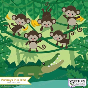 May include: Five brown monkeys with white faces and pink cheeks are swinging from vines in a green jungle. A green alligator with white teeth is in the foreground. The text "Monkeys in a Tree" is at the bottom of the image.